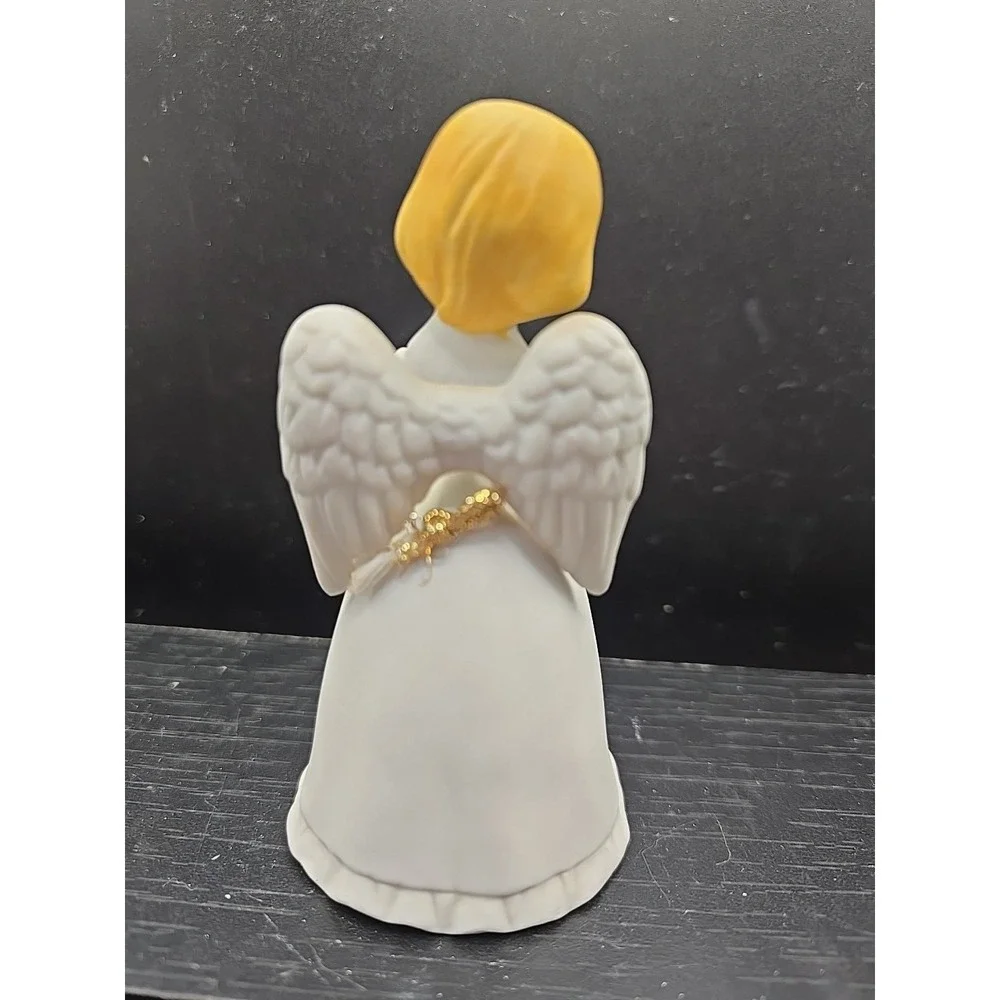 Vintage HOMCO Angel W/ Flowers‎ Holding Blue Bird Porcelain Bell Figurine Bisque